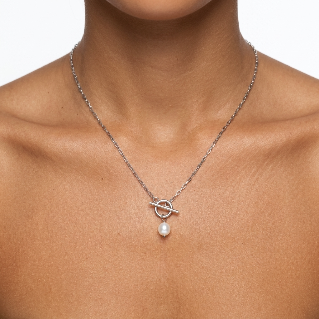 Paperclip & Pearl Drop Silver Necklace