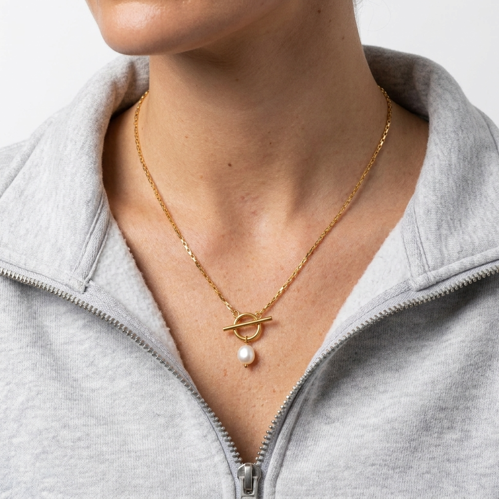 Paperclip & Pearl Drop Gold Necklace