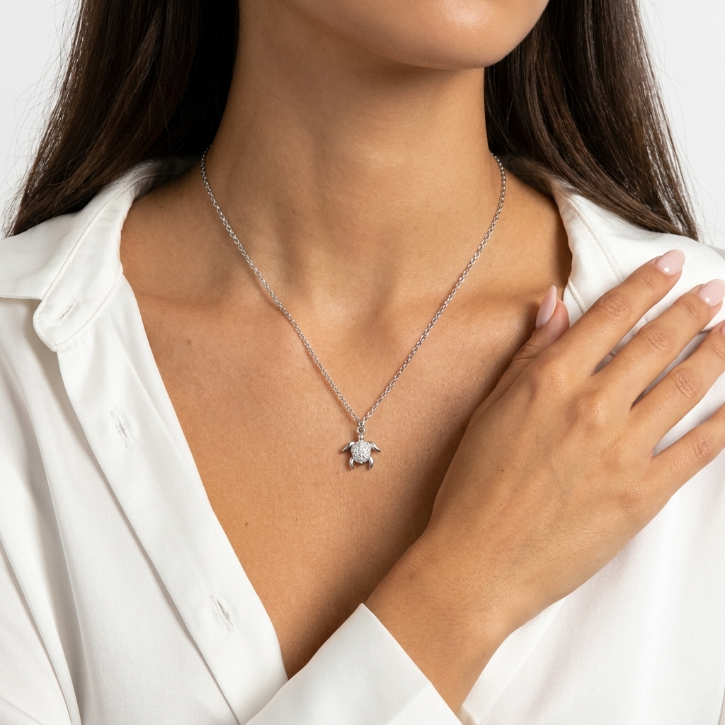 Crystal Honu Silver Necklace