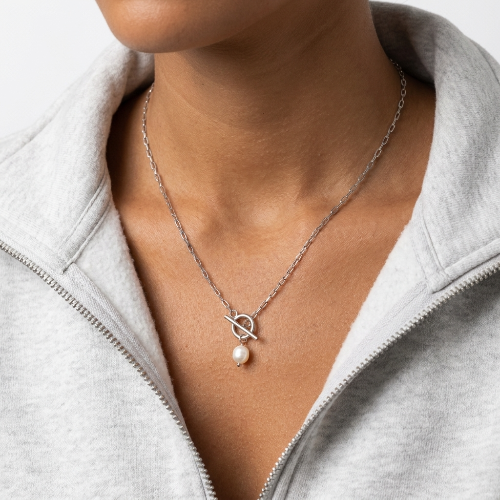 Paperclip & Pearl Drop Silver Necklace