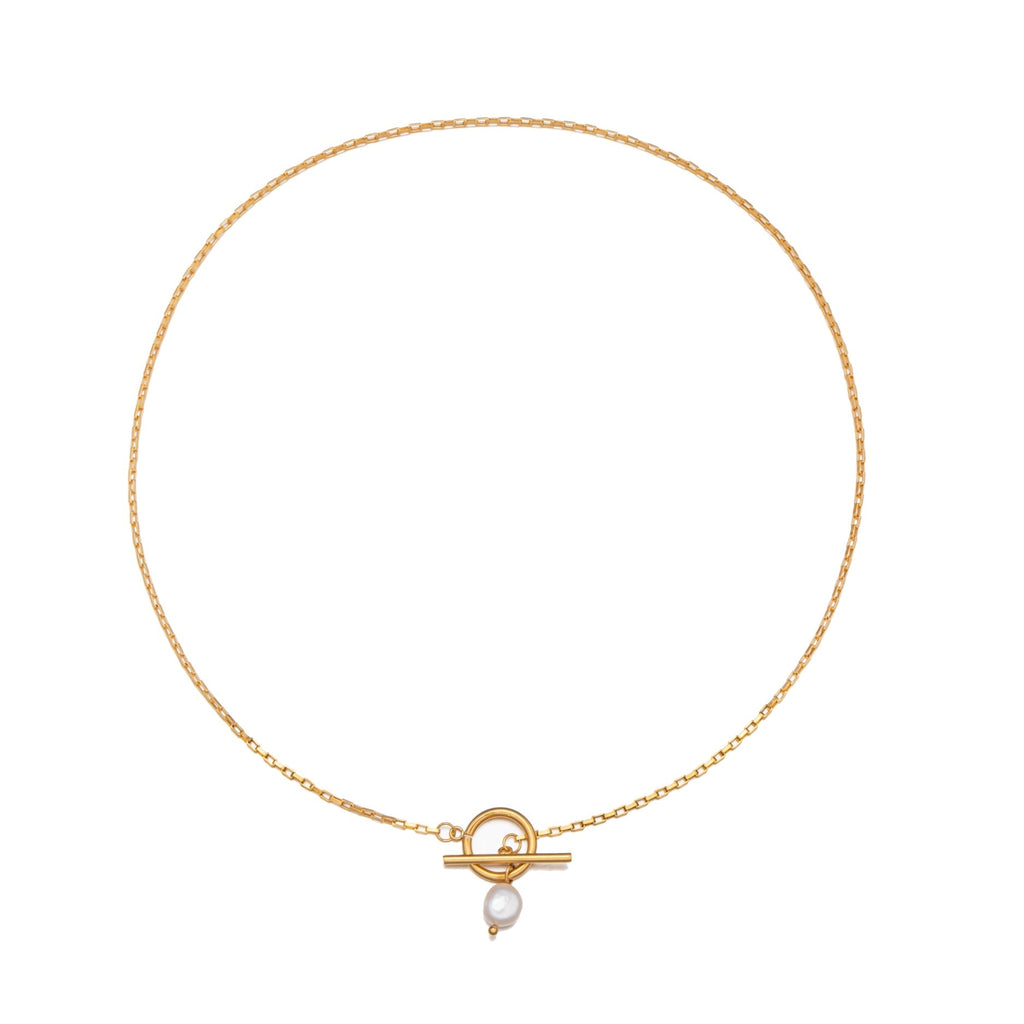 Paperclip & Pearl Drop Gold Necklace