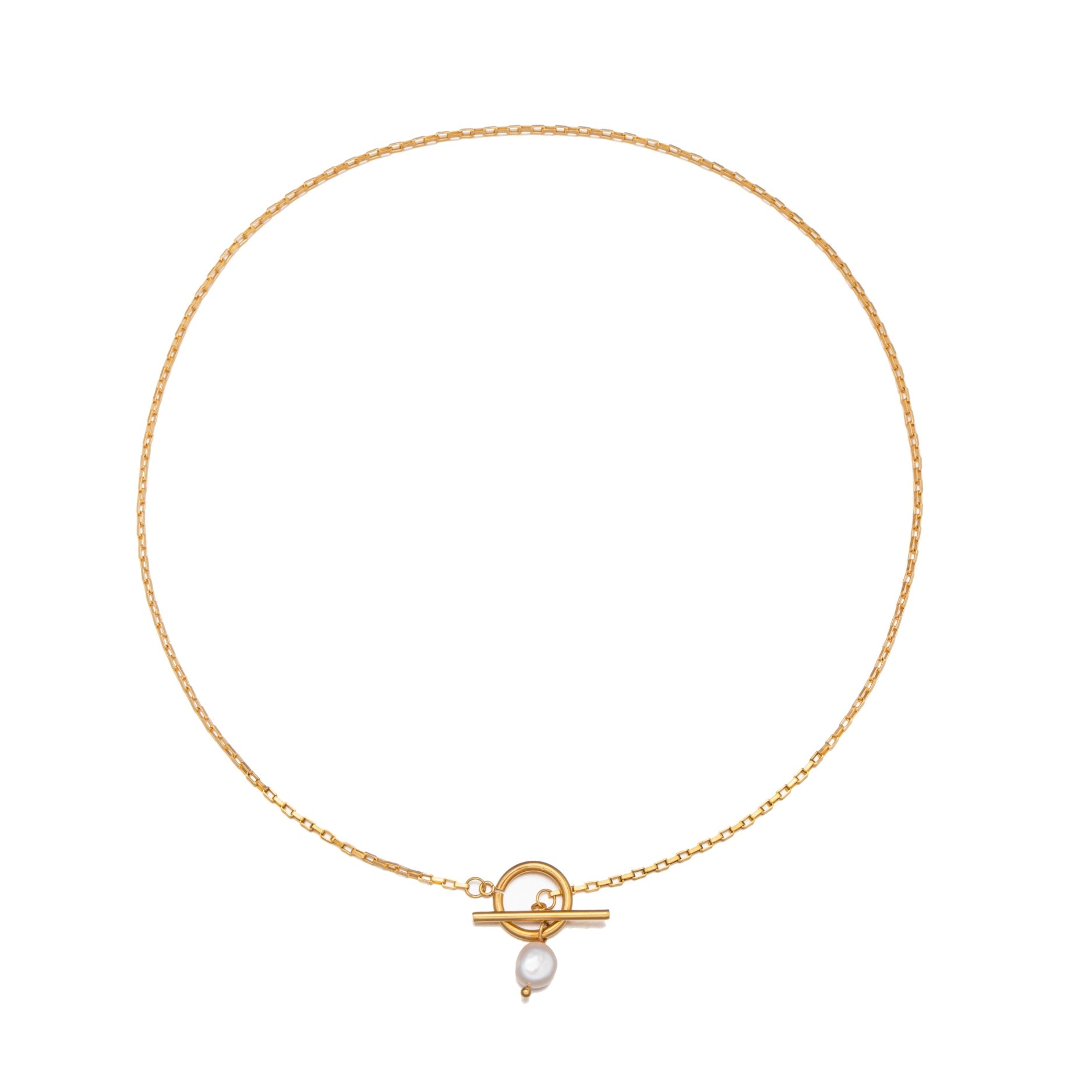 Paperclip & Pearl Drop Gold Necklace